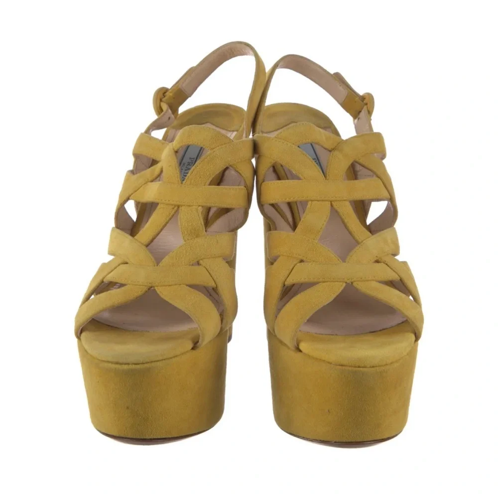 Prada Mustard Yellow Suede Platform Slingback Heels Size 38.5 - Picture 3 of 5